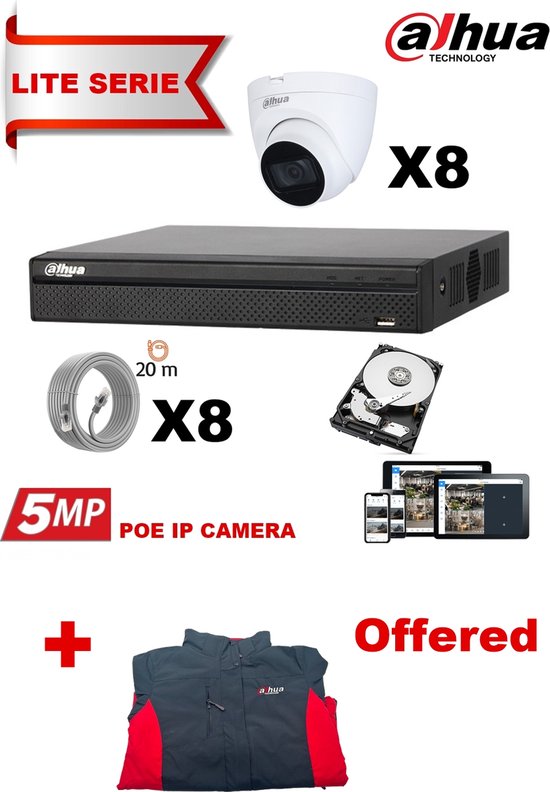 DAHUA  IP 5MP Value Kit 8x Camera Serie 1531 Audio Turret Fixed 2.8mm-IR 30M  + 16 Channels POE NVR + 4TB MAX 16 Camera   Veste Dahua offerte -Stock limité-