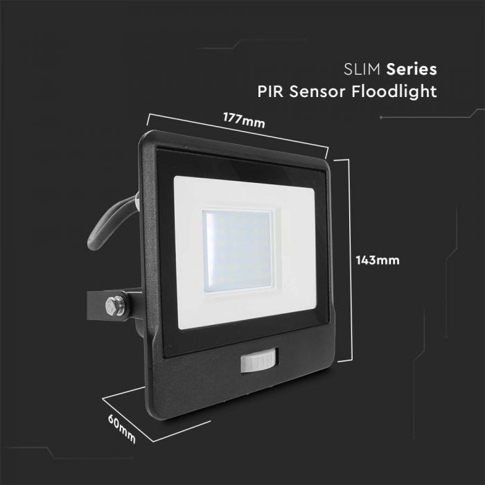 VT-138S-1 30W PIR SENSOR FLOODLIGHT SAMSUNG CHIP &amp; 1M CABLE BLACK BODY 