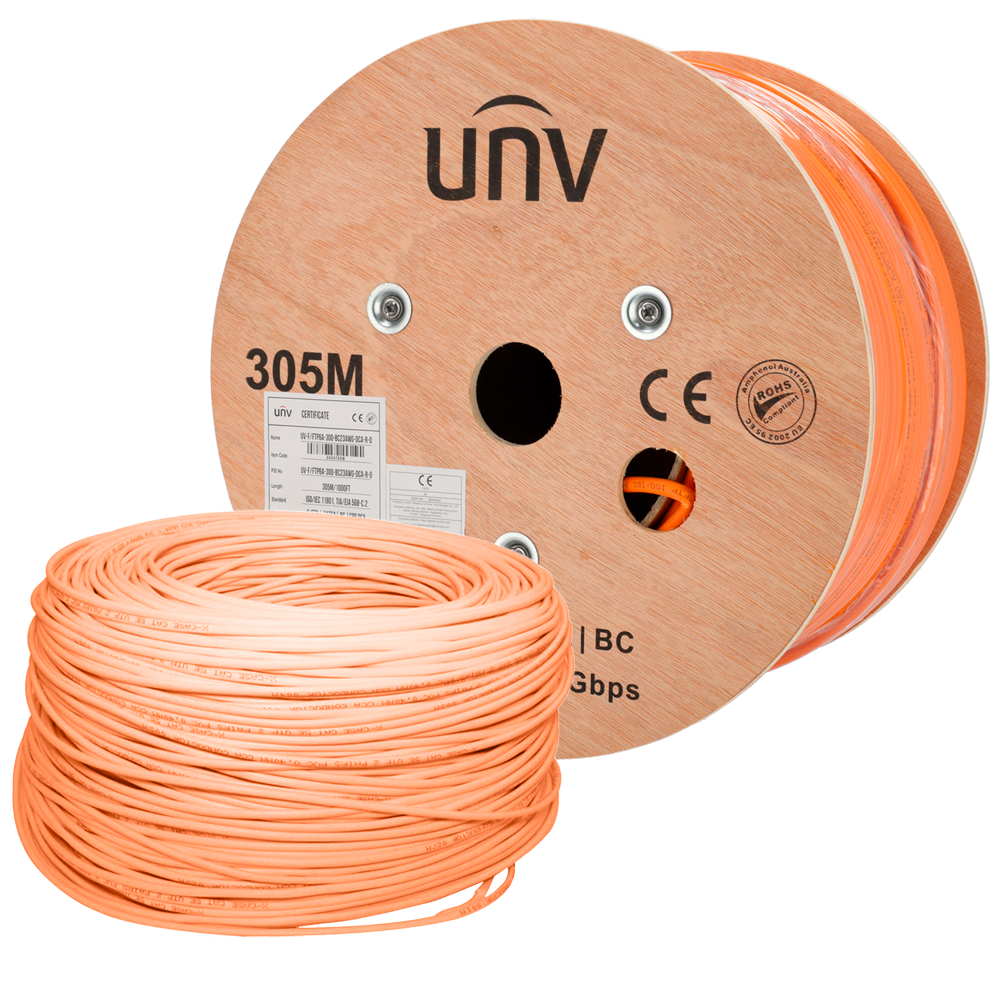 UV-FTP6A-300-BC23AWG-DCA-R-O Cat6A F/FTP 305 m Diamètre 23 AWG Certifié CPR Dca LSZH / Orange