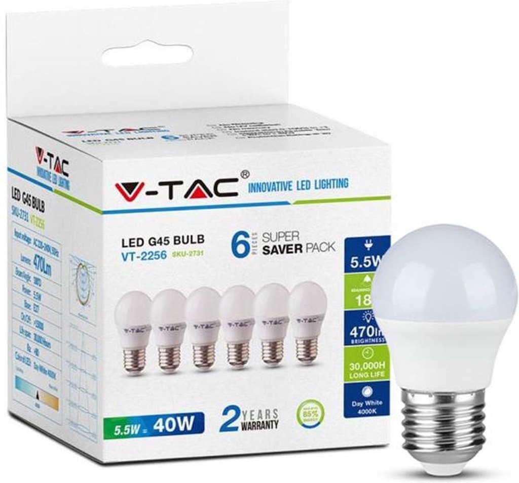 VT-2256 5.5W G45 LED PLASTIC BULB  E27 6PCS/PACK