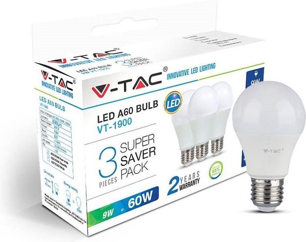 VT-1900 9W A60 LED PLASTIC BULB  E27 3PCS/PACK