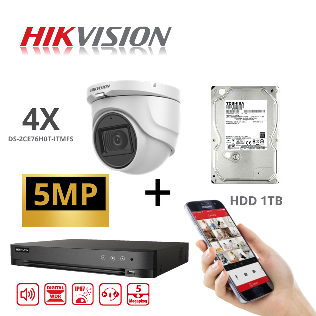 HIKVISION Set Caméra CCTV Turbo-HD 5 MP AUDIO DVR 4 Canaux - 4x 5MP Audio Tourelle Caméra Intérieur/Extérieur 1TB HDD