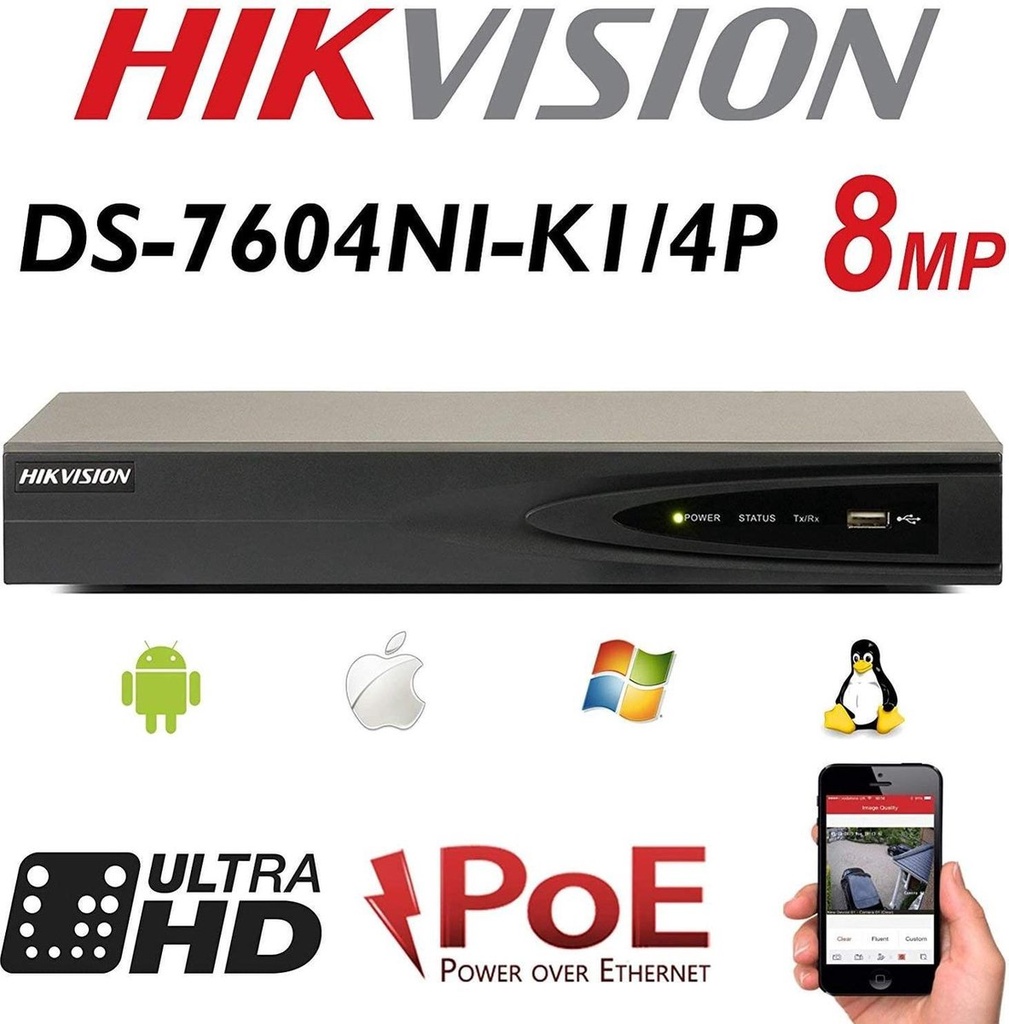 HIKVISION DS-7604NI-K1/4P NVR 4 canaux 1U 4 PoE 4K + disque dur 2 To