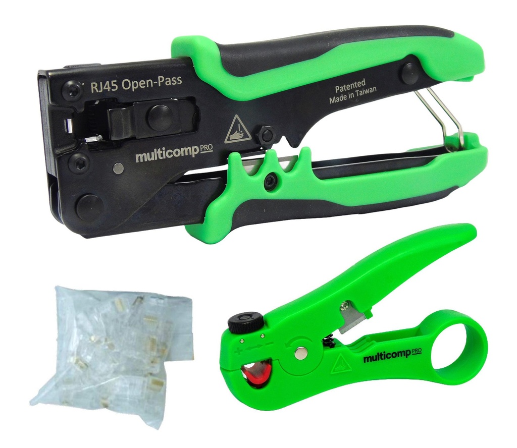 Modular Installation Kit Open Pass with Modular Plug Crimper, Cable Stripper, and Modular Plugs RJ45 100Pcs