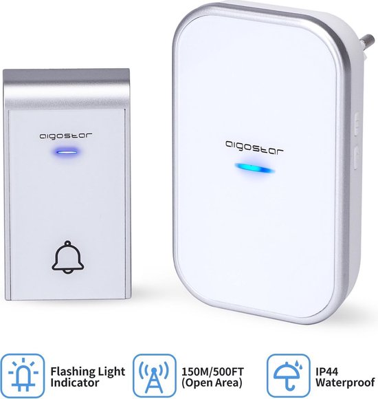 Aigostar - AC WIRELESS DIGITAL DOORBELL/IP44 WHITE+SILVERY /1 TRANSMITTER+1 RECEIVE