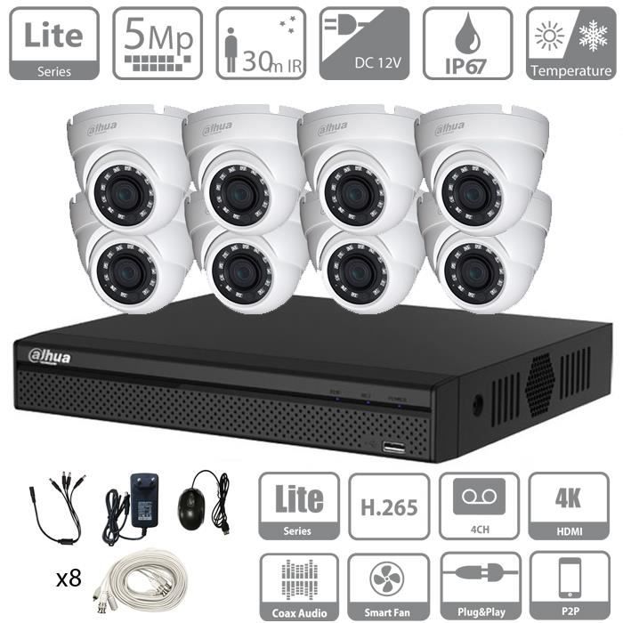 Kit DVR DAHUA 8 canaux HDCVI 5 MP, 8 canaux et 8 caméras tourelle 5 MP, intérieur/extérieur - HD 2 To