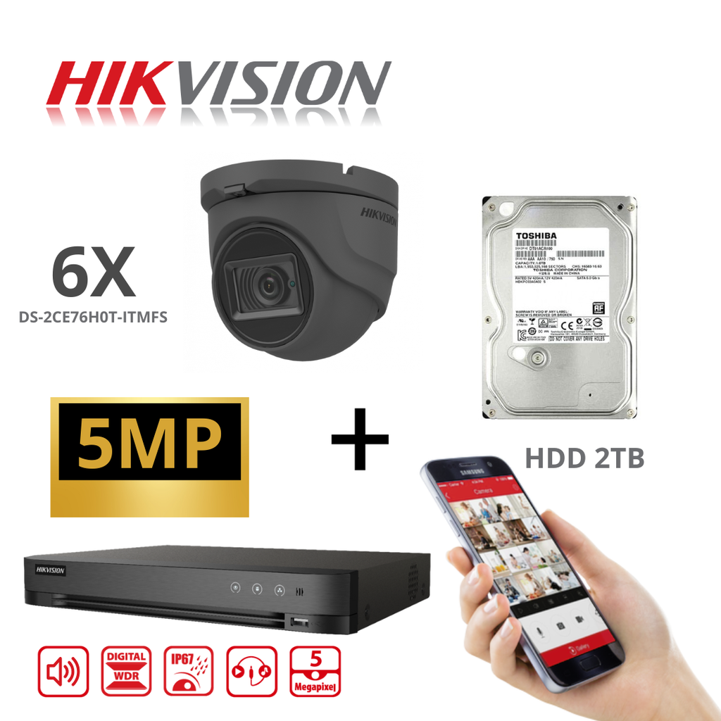 HIKVISION Turbo-HD 5 MP DVR 8CH HD Kit  - 6x 5MP Black Audio Turret Camera - 2TB HDD