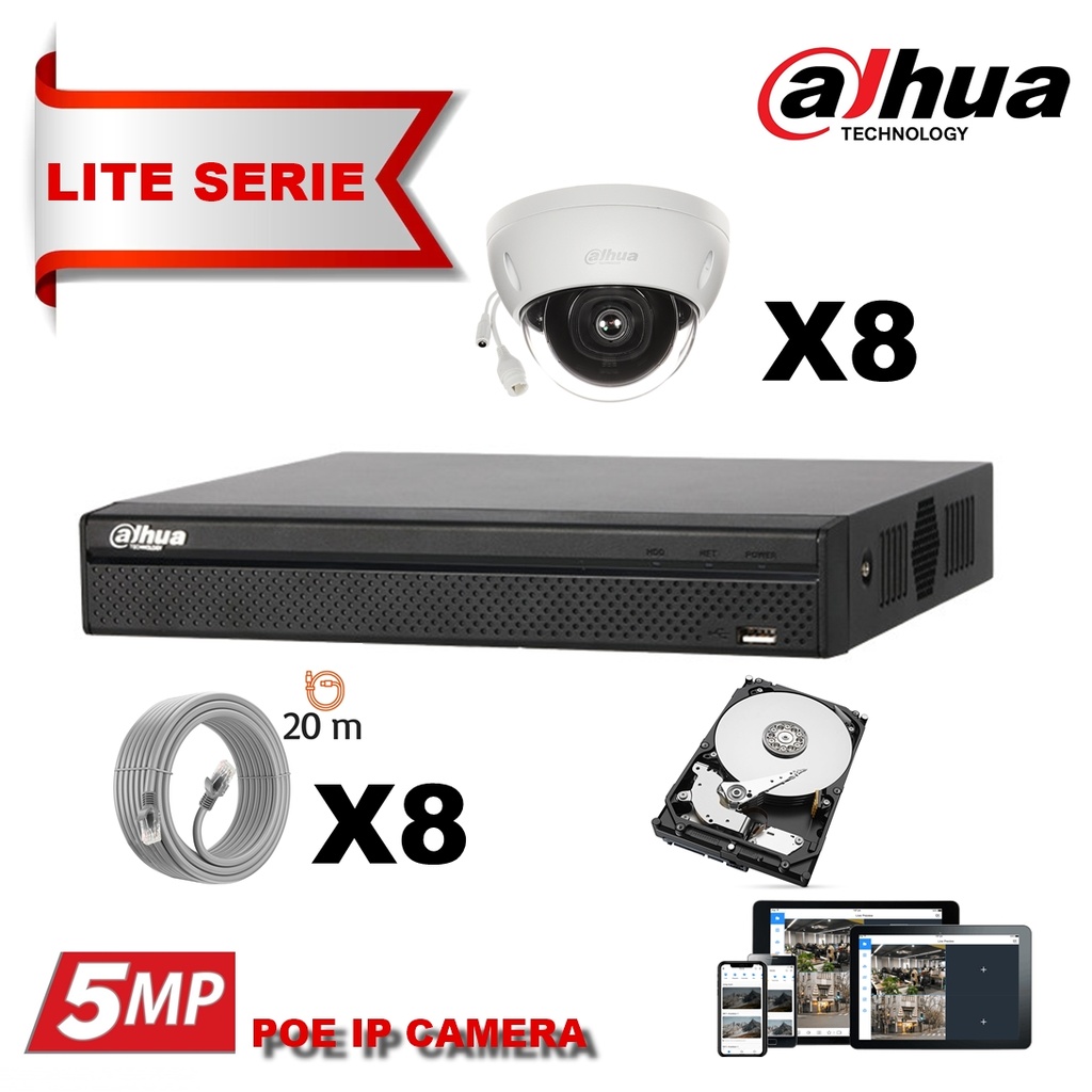 DAHUA  IP 5MP Value Kit 8x Camera Dome  Fixed 2.8mm-IR 30M  + 8 Channels POE NVR + 4TB Surveillance Hard Disk