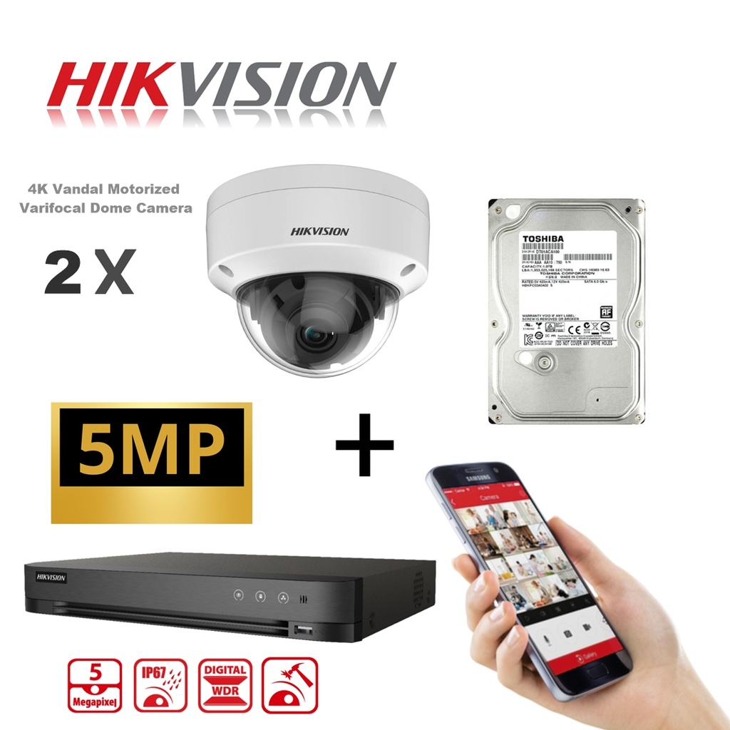 KIT HIKVISION 5 MP HDTVI Full HD 4K DVR 4 canaux H.265 + 2x Caméra VPIT 5 MP DS-2CE5AU1T-VPIT3ZF + Disque dur 1 To