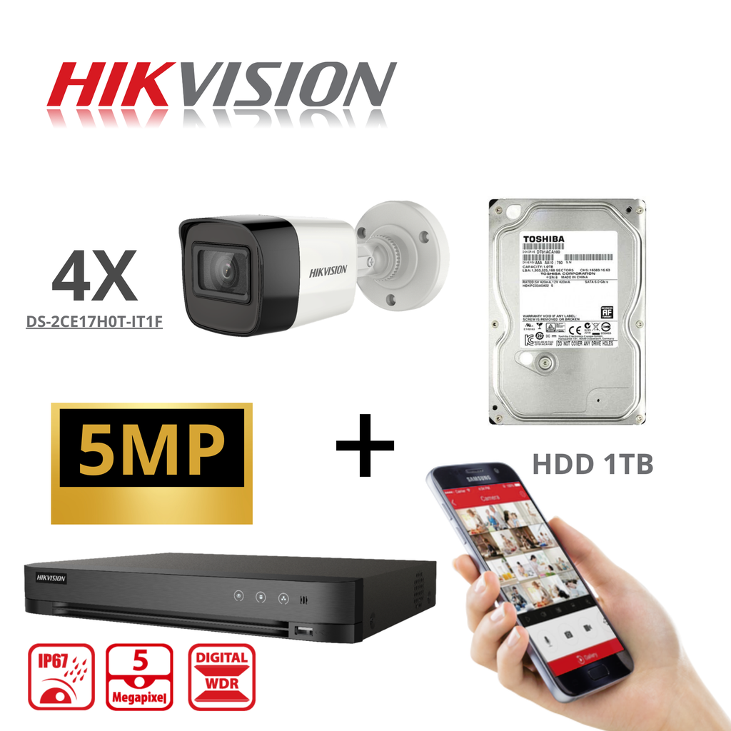 HIKVISION Set Turbo-HD 5 MP 4x Camera - DVR 8 Channel - 4x 5MP Bullet Camera Indoor/Outdoor 2TB HDD