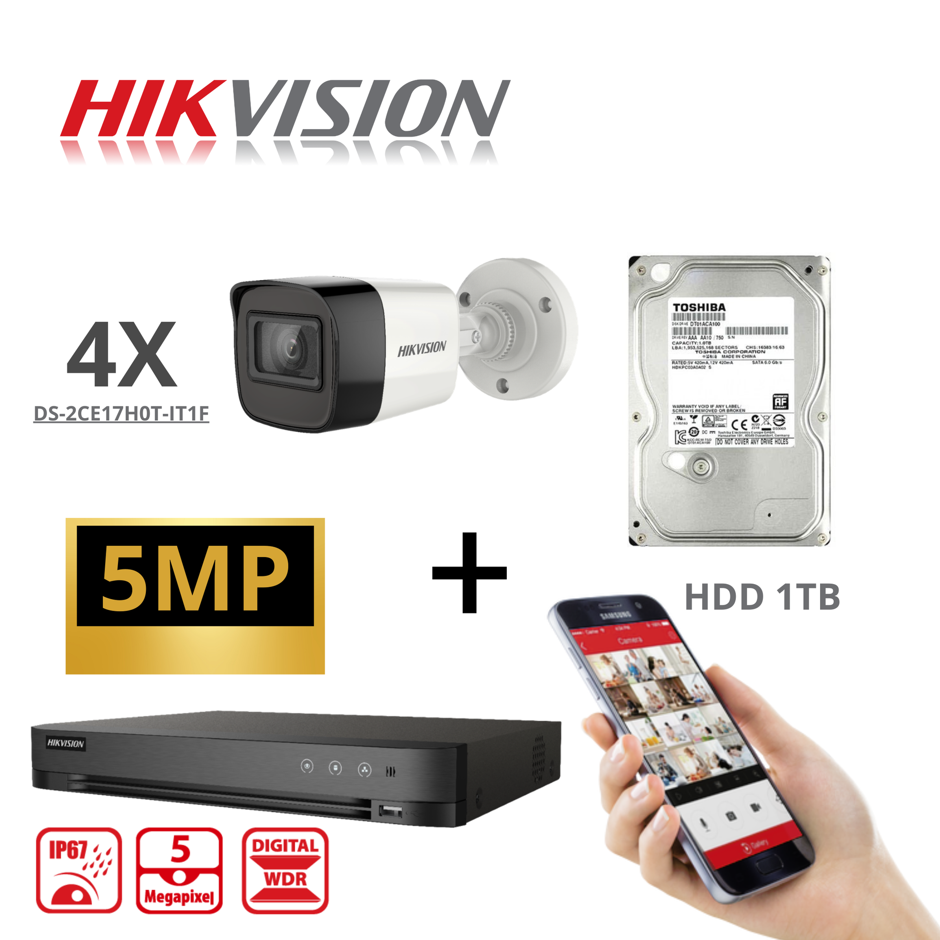 [TVIKIT5M-B4] HIKVISION Set Turbo-HD 5 MP 4x Caméra - DVR 8 canaux - 4x 5MP Bullet Caméra Intérieur/Extérieur 2 To Disque dur