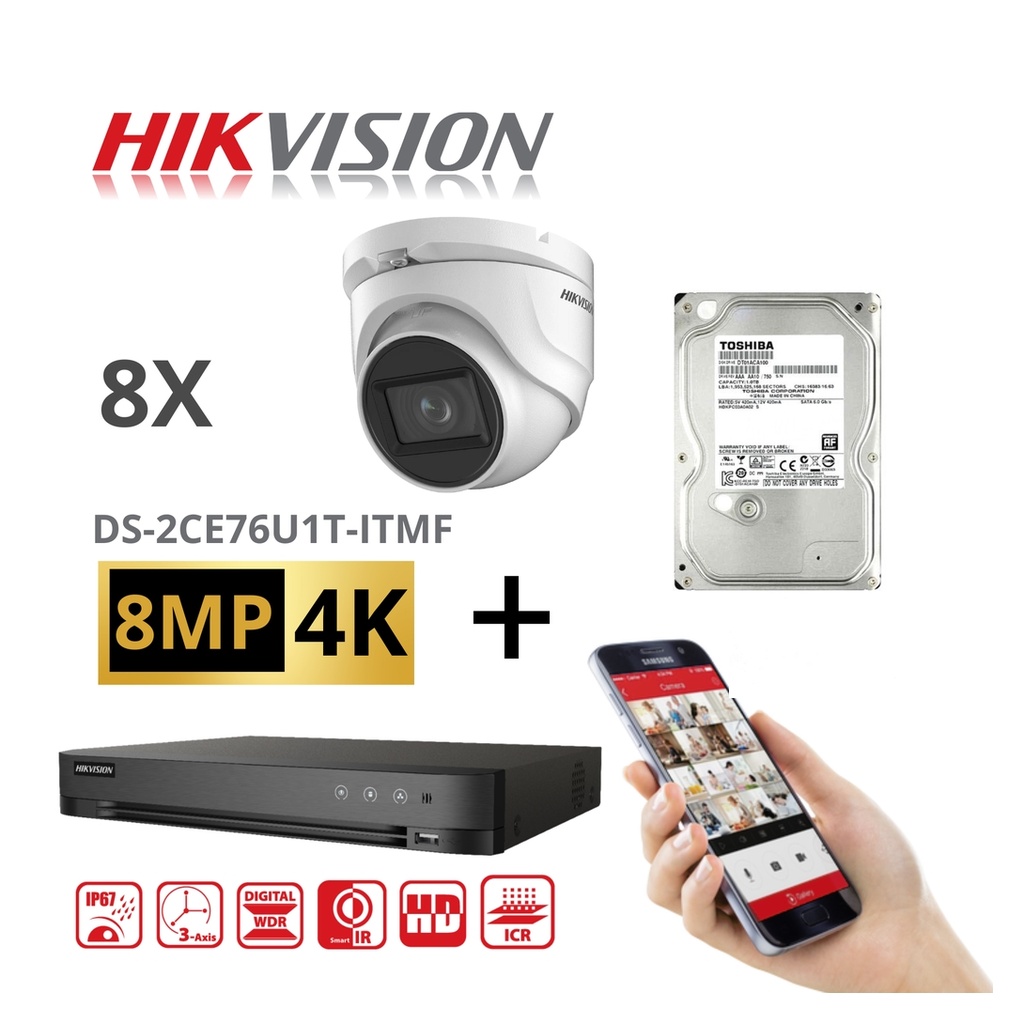  HIKVISION Set 8MP-4K Turbo-HD DVR 8 Channel - 8x 8MP Turret Camera Indoor/Outdoor 4TB HDD