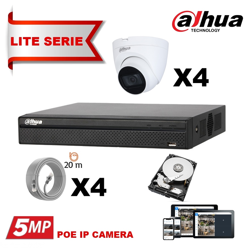 DAHUA  IP 5MP Value Kit 4x Camera Serie 1531 Audio Turret Fixed 2.8mm-IR 30M + 8 Channels POE NVR + 4TB Surveillance Hard Disk