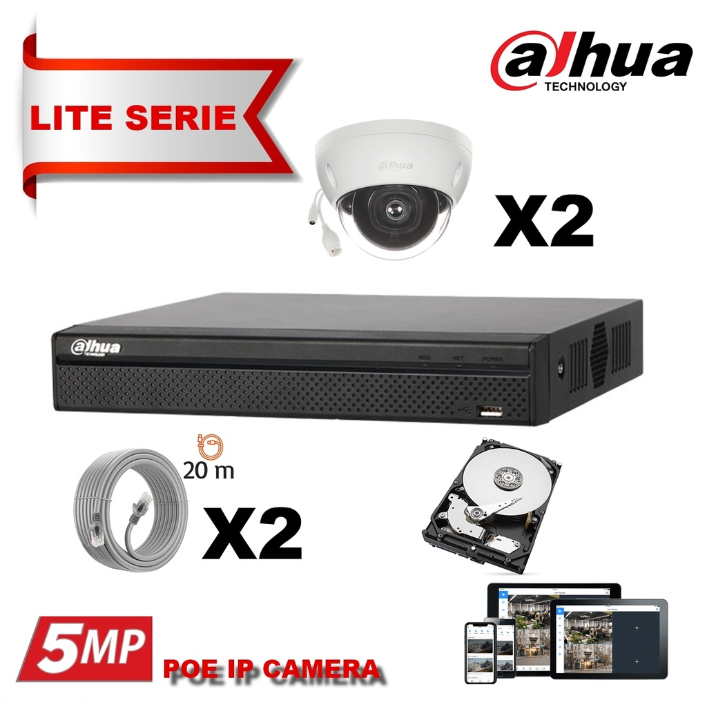 DAHUA  IP 5MP Value Kit 2x Camera Dome  Fixed 2.8mm-IR 30M  + 8 Channels POE NVR + 2TB Surveillance Hard Disk