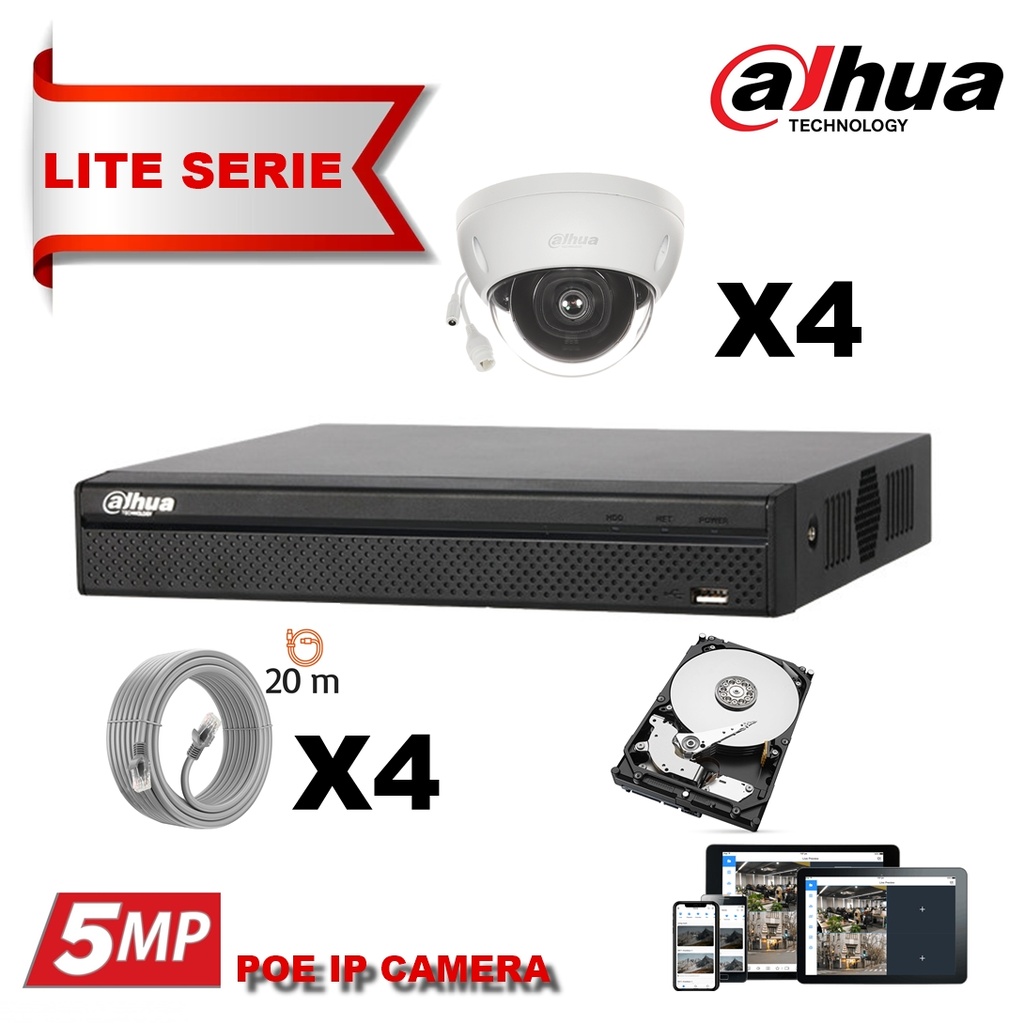 DAHUA  IP 5MP Value Kit 4x Camera Dome  Fixed 2.8mm-IR 30M  + 8 Channels POE NVR + 2TB Dahua t-shirt aangeboden -Beperkte voorraad-