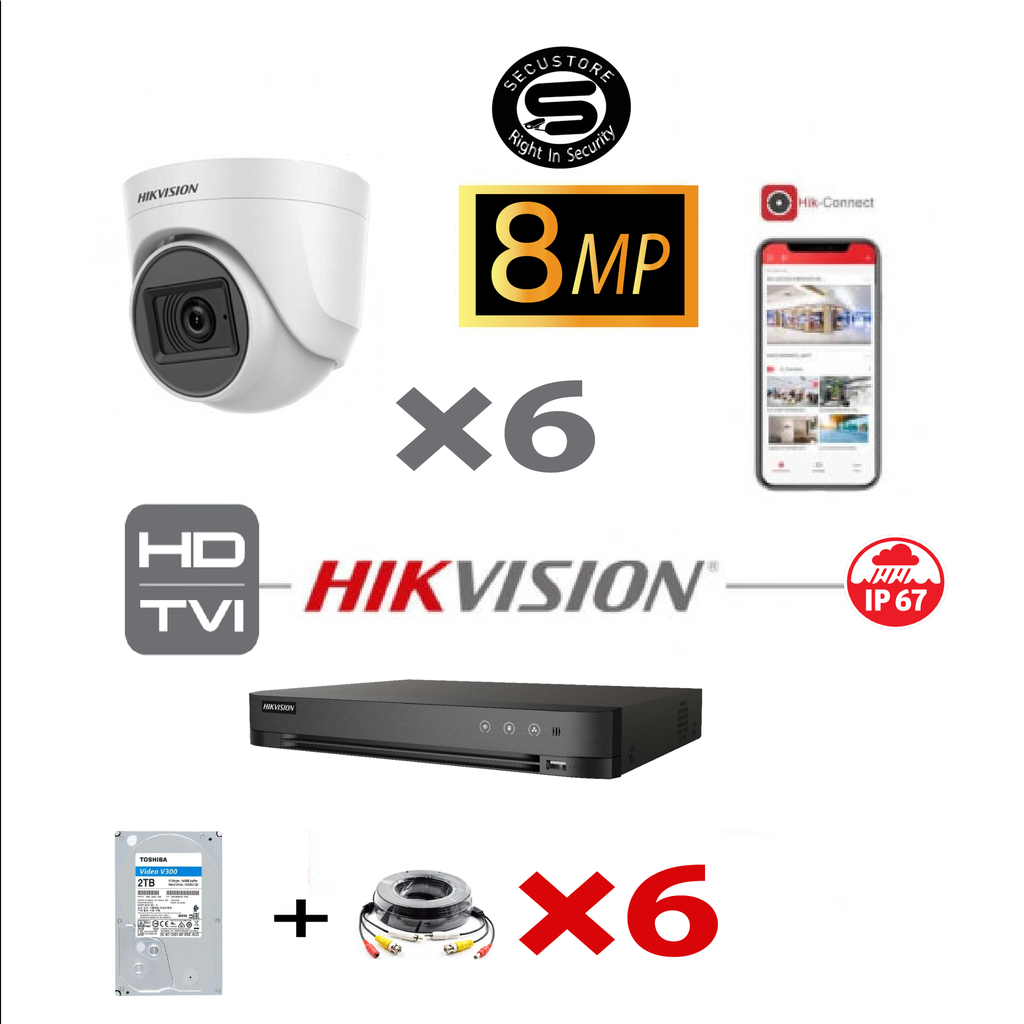 HIKVISION Turbo-HD 6xCamera 8MP-4K DVR 8CH HD Kit  - 6x 8MP White Turret Camera Indoor/Outdoor- 4TB HDD