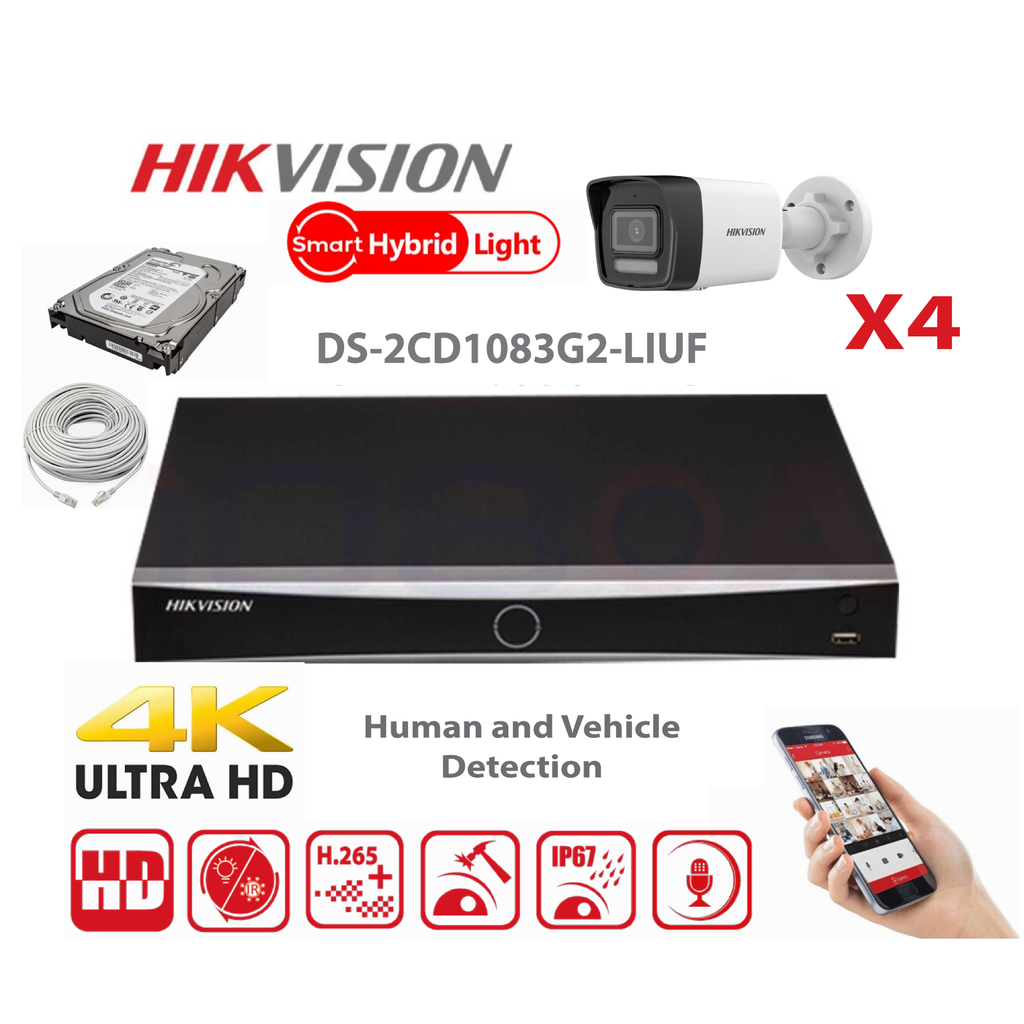 HIKVISION Camera Kit Smart Hybrid G2 Series  4x IP Camera  Bullet 8MP -   NVR 4xChannel - Hard Disk 2Tb