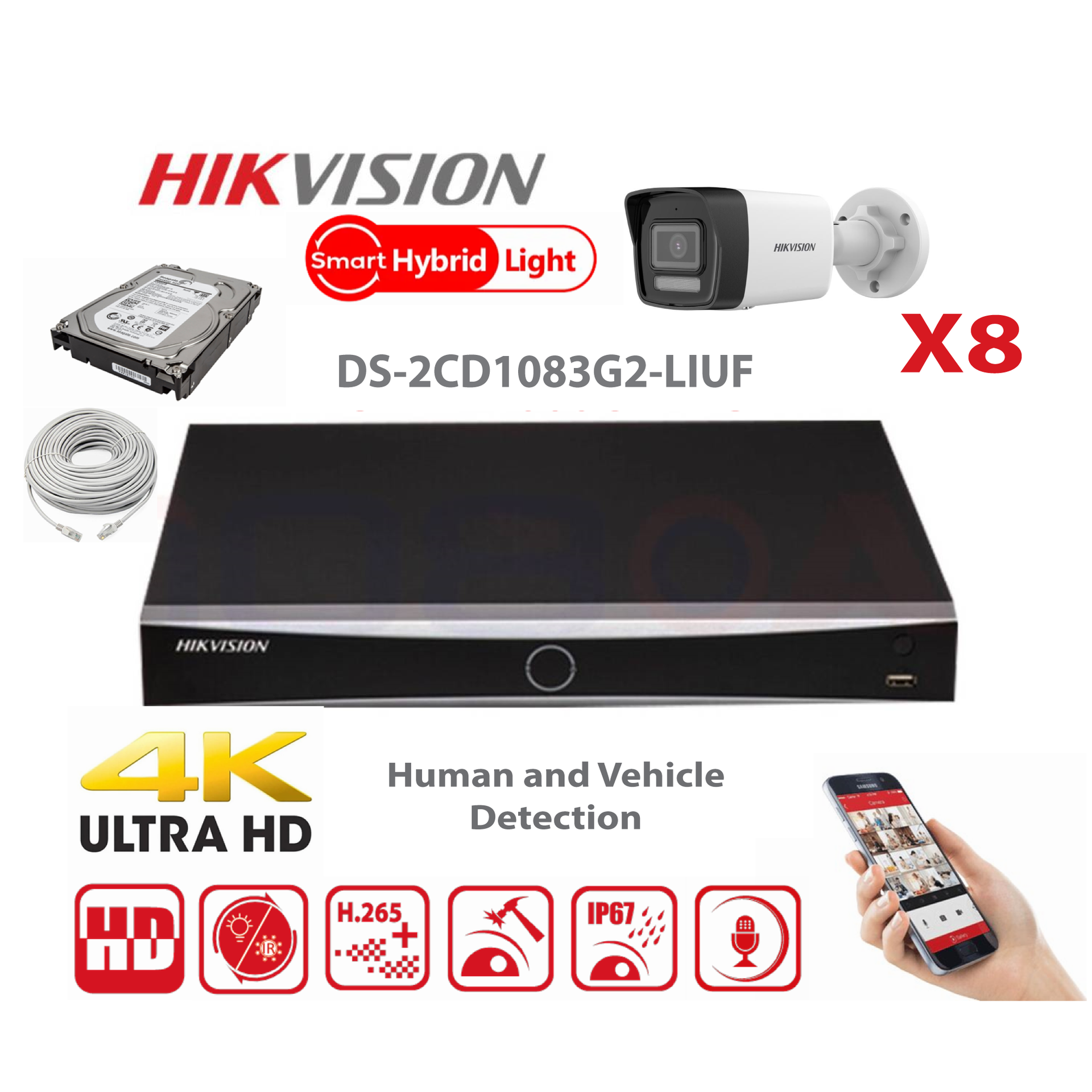[IPMD-8M-8B] Kit caméra HIKVISION Smart Hybrid G2 Series 8x IP Bullet 8MP - NVR 8 canaux - Disque dur 4 To