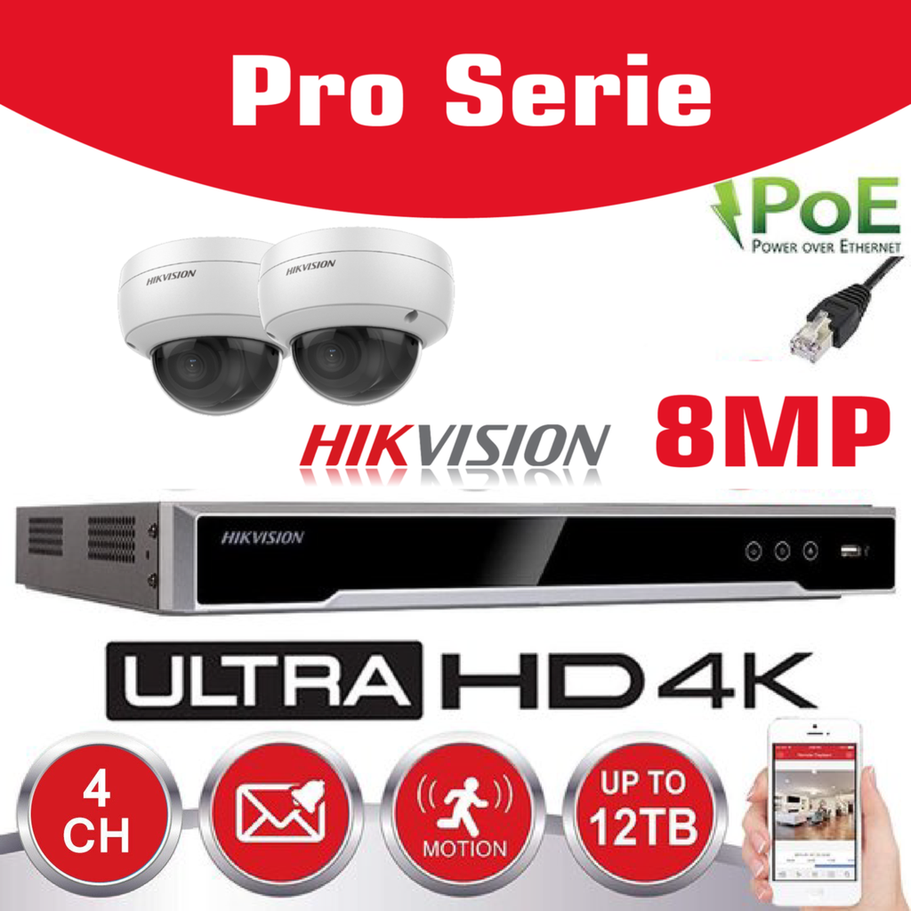 Hikvision IP-Kit 2x Caméra 8MP IR / Essential Serie - 2x DS-2CD2183G0-IU Caméra Dôme Audio IR Standard 30m - enregistreur DS-7604NXI-K1/4P 4 canaux - Disque dur 2 To installé