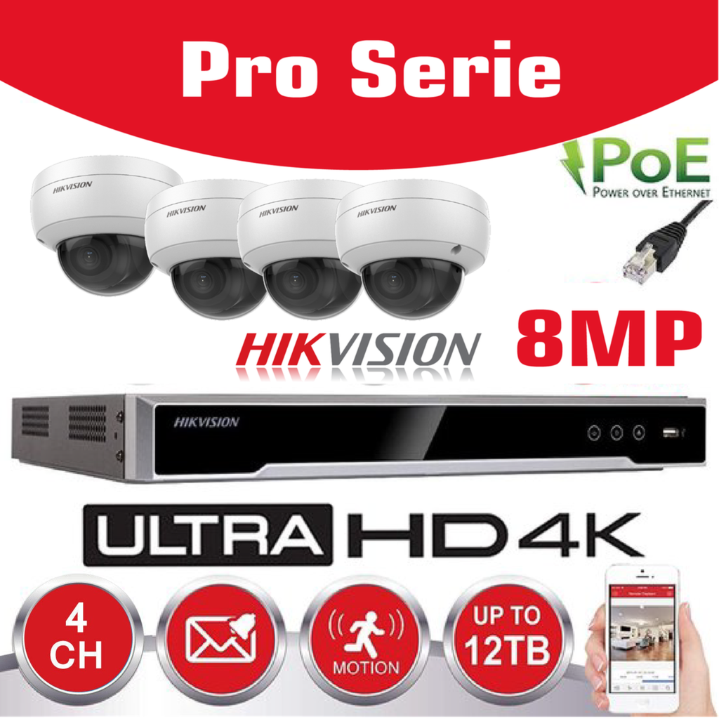 Hikvision IP-Kit 4x Caméra 8MP IR / Essential Serie - 4x DS-2CD2183G0-IU Caméra Dôme Audio IR Standard 30m - enregistreur NVR DS-7604NI-Q1/4P 4 canaux - Disque Dur 2 To installé