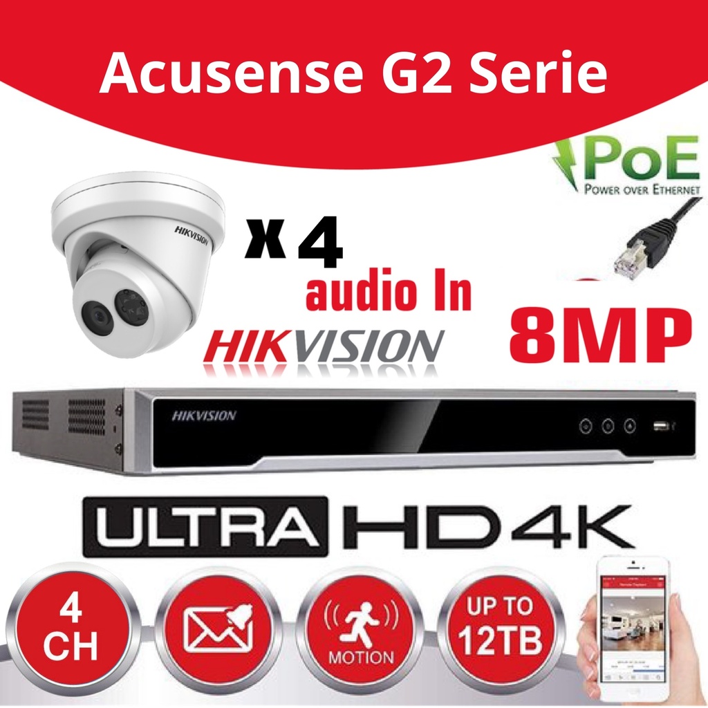 Hikvision IP-Kit 4x Camera 8MP IR / Acusense G2 Serie - 4x DS-2CD2383G2-IU Audio Turret Camera - recorder NVR 4channel DS-7604NXI-K1/4P - 2TB Hard Disk installed