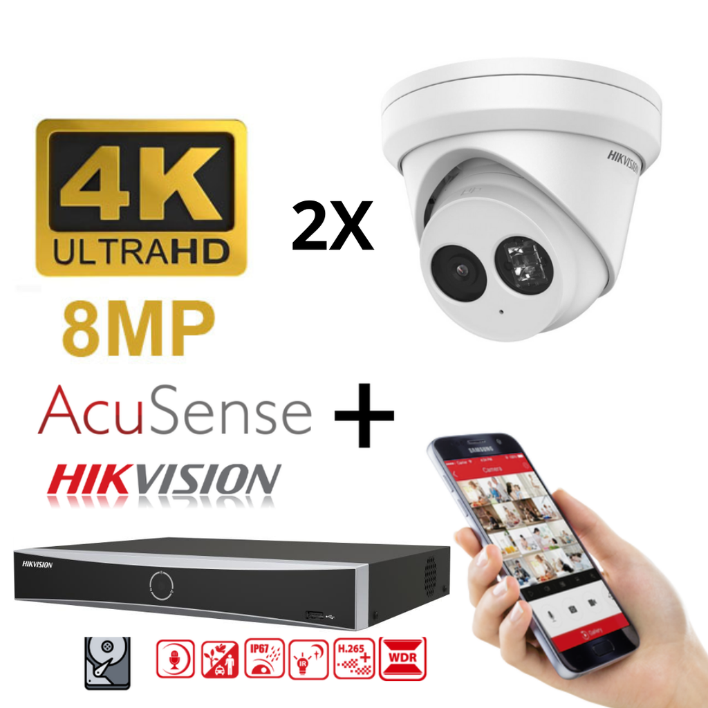 Hikvision IP-Kit 2x Camera 8MP IR / Acusense G2 Serie - 2x DS-2CD2383G2-IU Audio Turret Camera - recorder NVR 4channel DS-7604NXI-K1/4P - 2TB Hard Disk installed