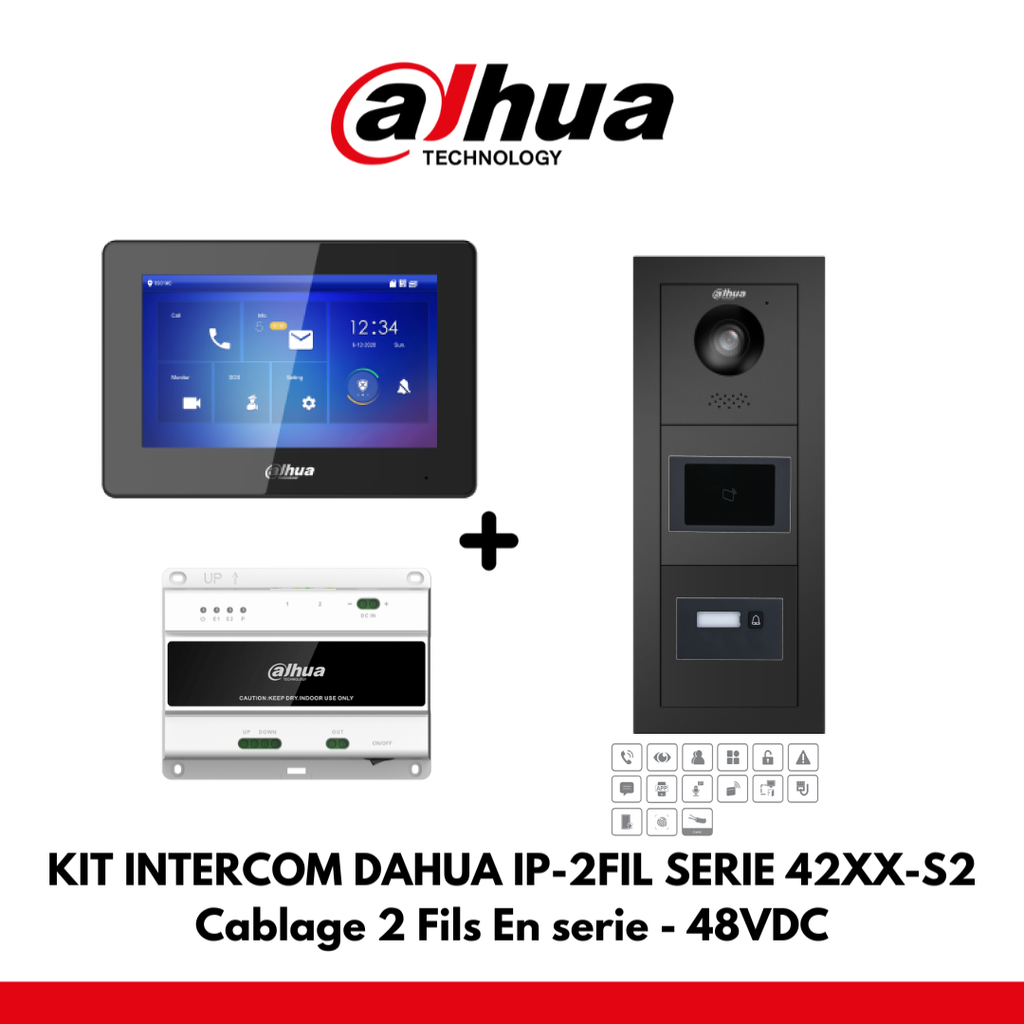 Dahua Villa Kit Module 1x Knoppen IP - 2 Draden - Kaartlezer 48VDC + 7" Kleurenmonitor Zwarte Kleur