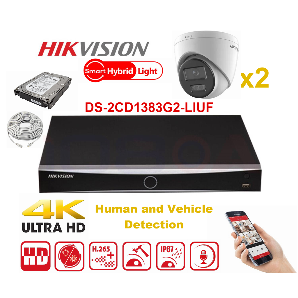 HIKVISION Camera Kit Smart Hybrid G2 Series  2x IP Camera Turret 8MP -   NVR 4xChannel  - Hard Disk 2Tb Extensible To Max 4x IP Camera