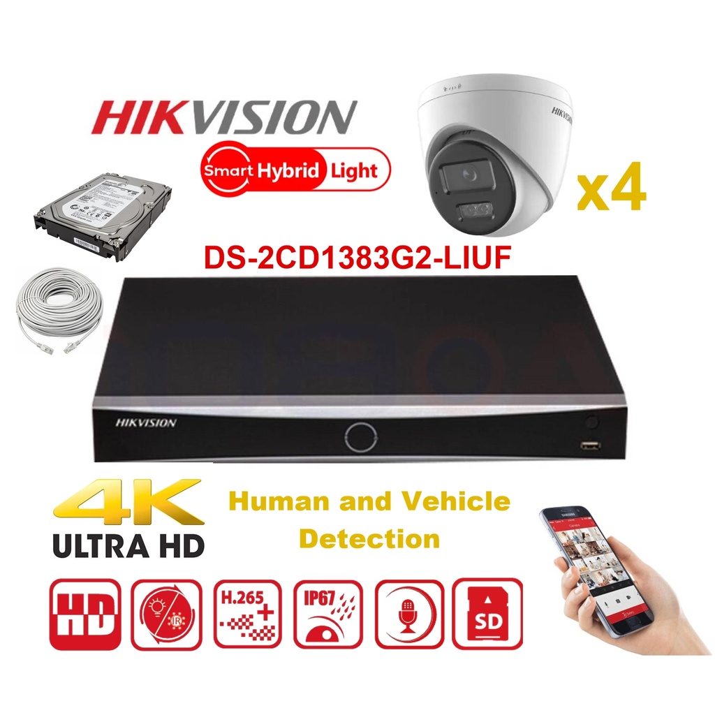 HIKVISION Camera Kit Smart Hybrid G2 Series  4x IP Camera Turret 8MP -  NVR 4xChannel - Hard Disk 2Tb