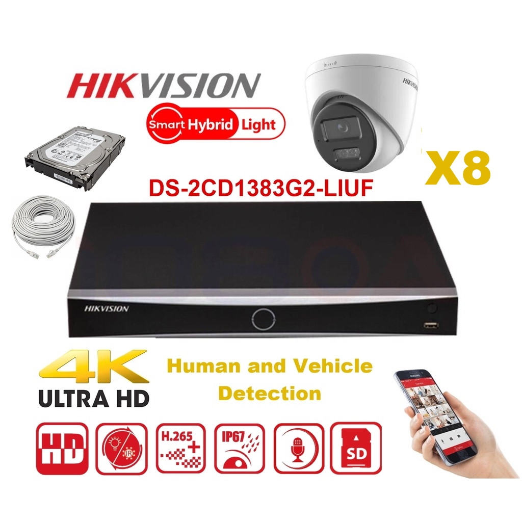 HIKVISION Camera Kit Smart Hybrid G2 Series  8x IP Camera Turret 8MP -  NVR 8xChannel - Hard Disk 4Tb