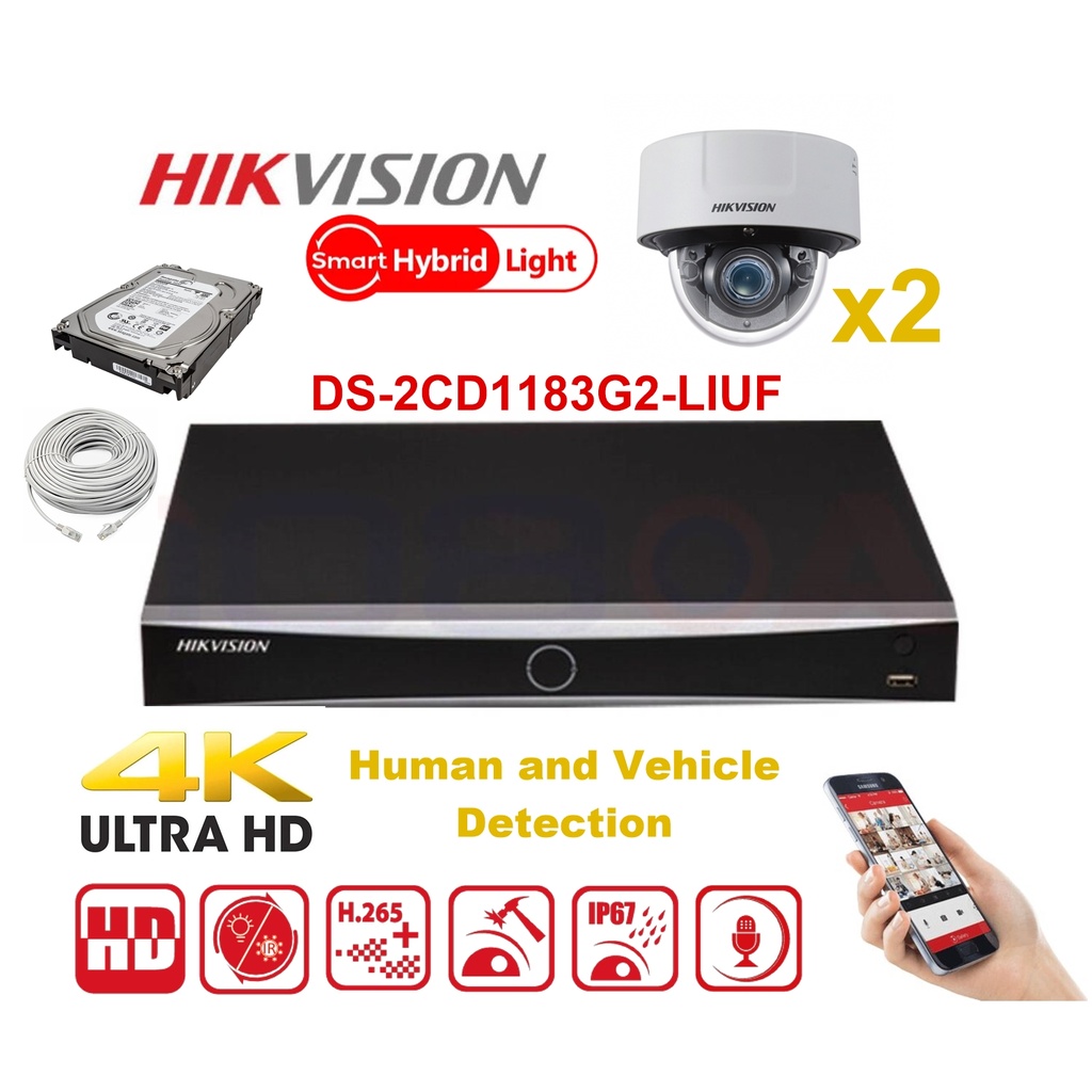 HIKVISION Camera Kit Smart Hybrid G2 Series  2x IP Camera  Dome 8MP -   NVR 4xChannel - Hard Disk 2Tb Extensible To Max 4x IP Camera 