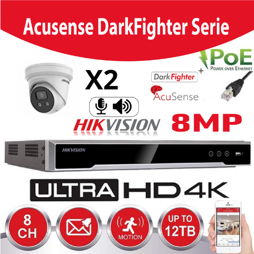 Hikvision Set IP-Darkfighter - Acusense G2 Series 2x DS-2CD2386G2-IU -2.8mm 8 megapixel (4K) Turret Buit In  microphone + recorder NVR 8channel DS-7608XI-K1/8P - Hard Disk 2Tb