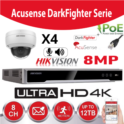 Hikvision IP-Kit Accusense G2 4 x DS-2CD2186G2-I 8MP Darkfighter / Acusense  Dome Camera -  recorder NVR 8channel DS-7608NI-Q1/8P - 4b Hard Disk installed