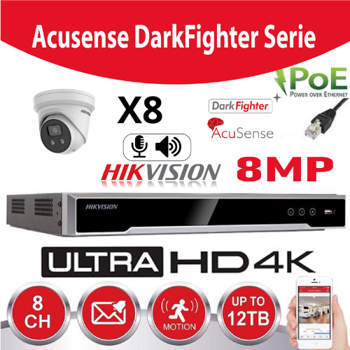 Hikvision IP-Kit Accusense G2 8 x DS-2CD2386G2-IU 8MP Darkfighter / Acusense Audio Turret Camera -  recorder NVR 8channel DS-7608NXI-K1/8P - 6TB Hard Disk installed