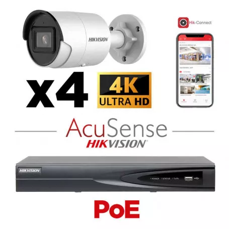HIKVISION Acusense - Camera Kit - Éclairage hybride intelligent avec ColorVu Série - 4x Caméra IP Bullet 4k-8MP Lumière stroboscopique active et alarme audio -NVR Acusense Série NXI 8x Canaux avec POE - Disque dur 4 To extensible jusqu'à 8x Caméra IP