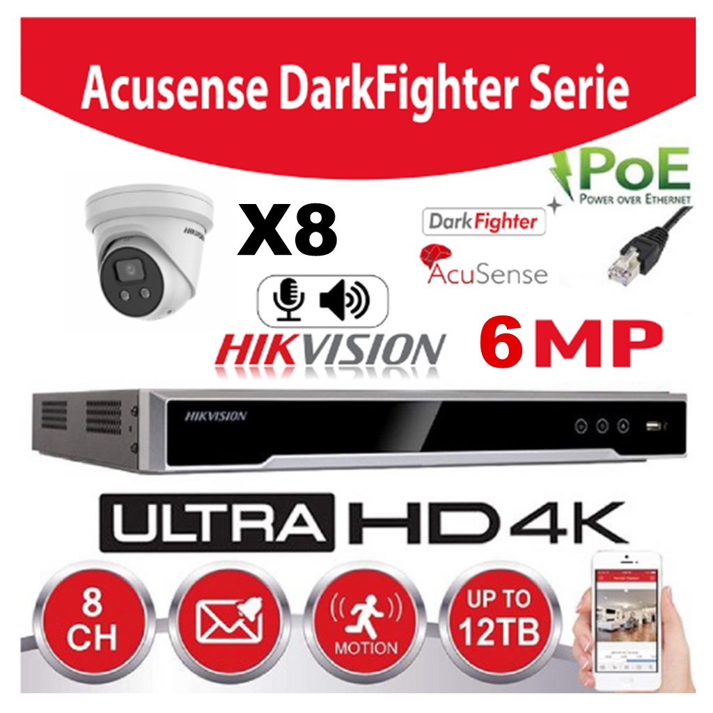 Hikvision Set IP-Darkfighter - Acusense G2 Series 8x DS-2CD2366G2-IU -2.8mm 6 megapixel Turret Buit In microfoon + recorder NVR 8kanaas DS-7608NXI-K1/8P - Hard Disk 6Tb