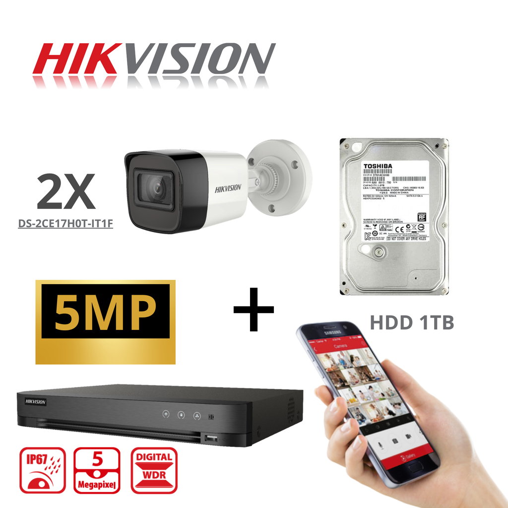 HIKVISION Set Turbo-HD 5 MP 2x Camera - DVR 4 Channel - 2x 5MP Bullet Camera Indoor/Outdoor 1TB HDD