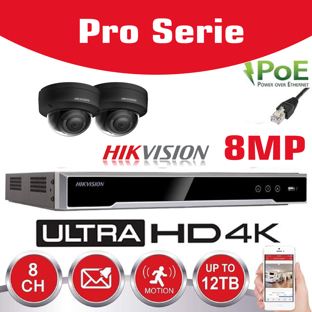 Hikvision IP-Kit 2x Caméra 8MP IR / Essential Serie - 2x DS-2CD2183G0-IS Caméra Dôme IR Standard 30m - enregistreur NVR DS-7604NI-Q1/4P 4 canaux - Disque dur 2 To installé