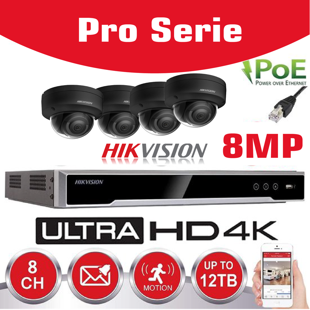 Hikvision IP-Kit 4x Caméra 8MP IR / Essential Serie - 4x DS-2CD2183G0-IS Caméra Dôme IR Standard 30m - enregistreur NVR DS-7604NI-Q1/4P 4 canaux - Disque dur 4To installé