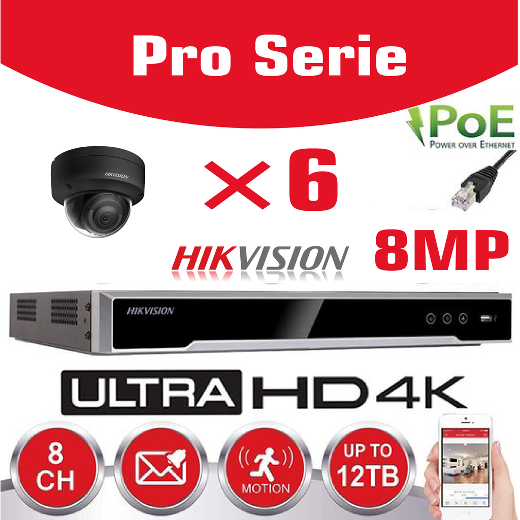 Hikvision IP-Kit 6x Caméra 8MP IR / Essential Serie - 6x DS-2CD2183G0-IS Caméra Dôme IR Standard 30m - enregistreur NVR DS-7608NI-Q1/8P 8 canaux - Disque dur 4To installé