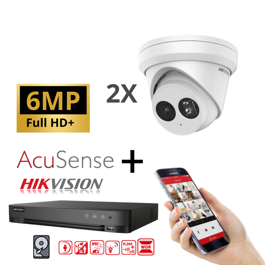 Hikvision IP-Kit 2x Camera 6MP  IR / Acusense G2 Serie - 2x DS-2CD2363G2-IU Audio Turret Camera - recorder NVR 4channel DS-7604NXI-K1/4P - 2TB Hard Disk installed