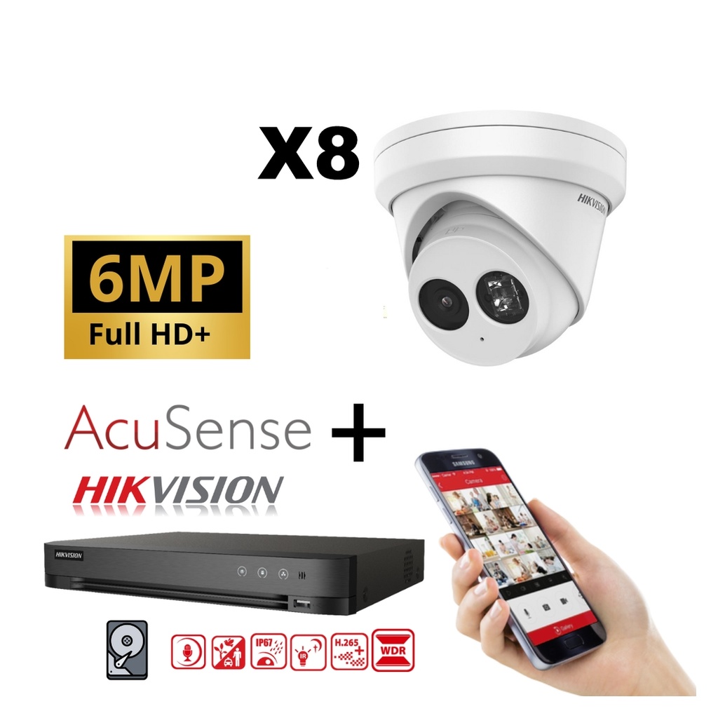 Hikvision IP-Kit 8x Camera 6MP IR / Acusense G2 Serie - 8x DS-2CD2363G2-IU Audio Turret Camera - recorder NVR 8channel DS-7608NXI-K1/8P - 6TB Hard Disk installed