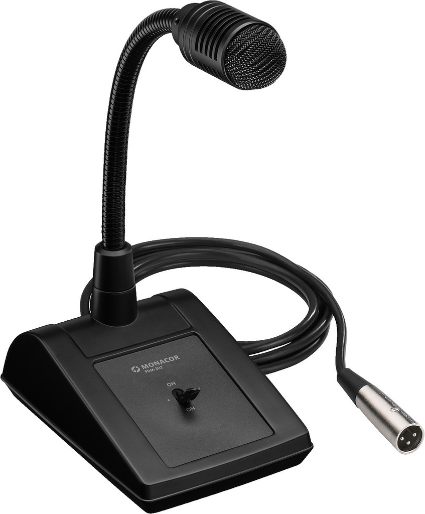 Monacor PDM-302 PA desktop microphone, with gooseneck. Dynamic, push-to-talk switch,  5 m Cable XLR plug