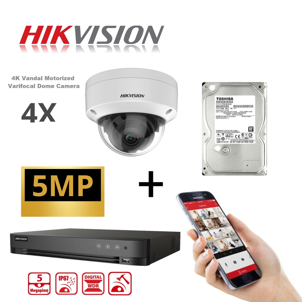 KIT HIKVISION 5 MP HDTVI Full HD 4K DVR 4 canaux H.265 + 4x Caméra VPIT 5 MP DS-2CE5AU1T-VPIT3ZF + Disque dur 2 To 