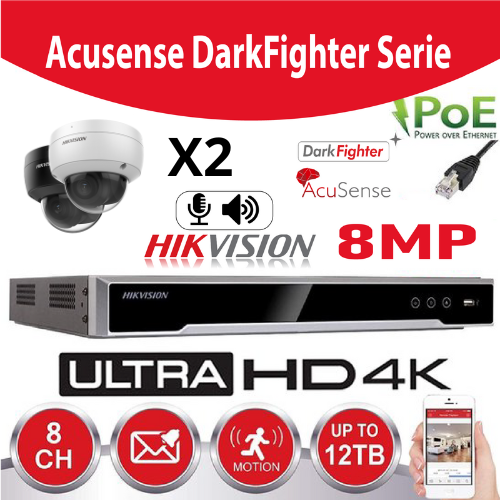 Hikvision IP-Kit Accusense G2  2 x DS-2CD2186G2-I 8MP Darkfighter / Acusense  Dome Camera -  enregistreur NVR 4channel DS-7604NI-Q1/4P - Disque Dur 2Tb Preinstallé