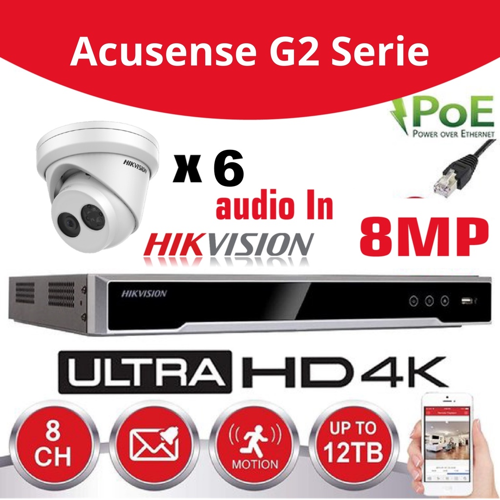 Hikvision IP-Kit 6x Camera 8MP IR / Acusense G2 Serie - 6x DS-2CD2383G2-IU Audio Turret Camera - recorder NVR 8channel DS-7608NXI-K1/8P - 4TB Hard Disk installed