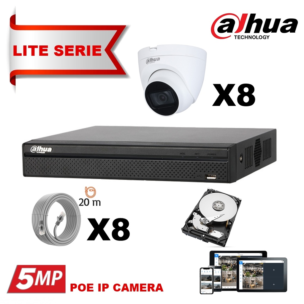 DAHUA  IP 5MP Value Kit 8x Camera Serie 1531 Audio Turret Fixed 2.8mm-IR 30M  + 8 Channels POE NVR + 4TB Surveillance Hard Disk