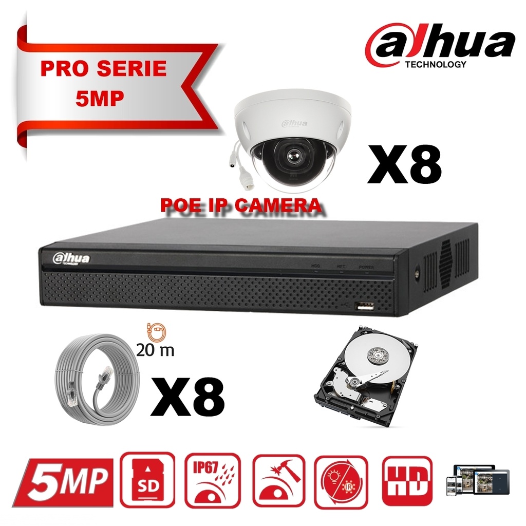 DAHUA  IP 5MP Pro Kit 8x Camera Dome  Fixed 2.8mm-IR 30M  + 16 Channels POE NVR + 4TB Max 16x camera   Dahua jacket offered -Limited stock-