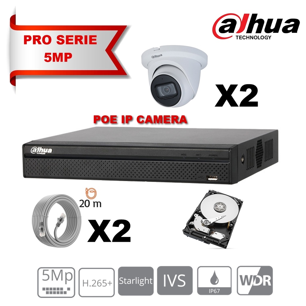 DAHUA  IP 5MP Pro Kit 2x Camera Turet  Fixed 2.8mm-IR 30M  + 8 Channels POE NVR + 1TB max 8x camera Dahua T-shirt Gratis -Beperkte voorraad-