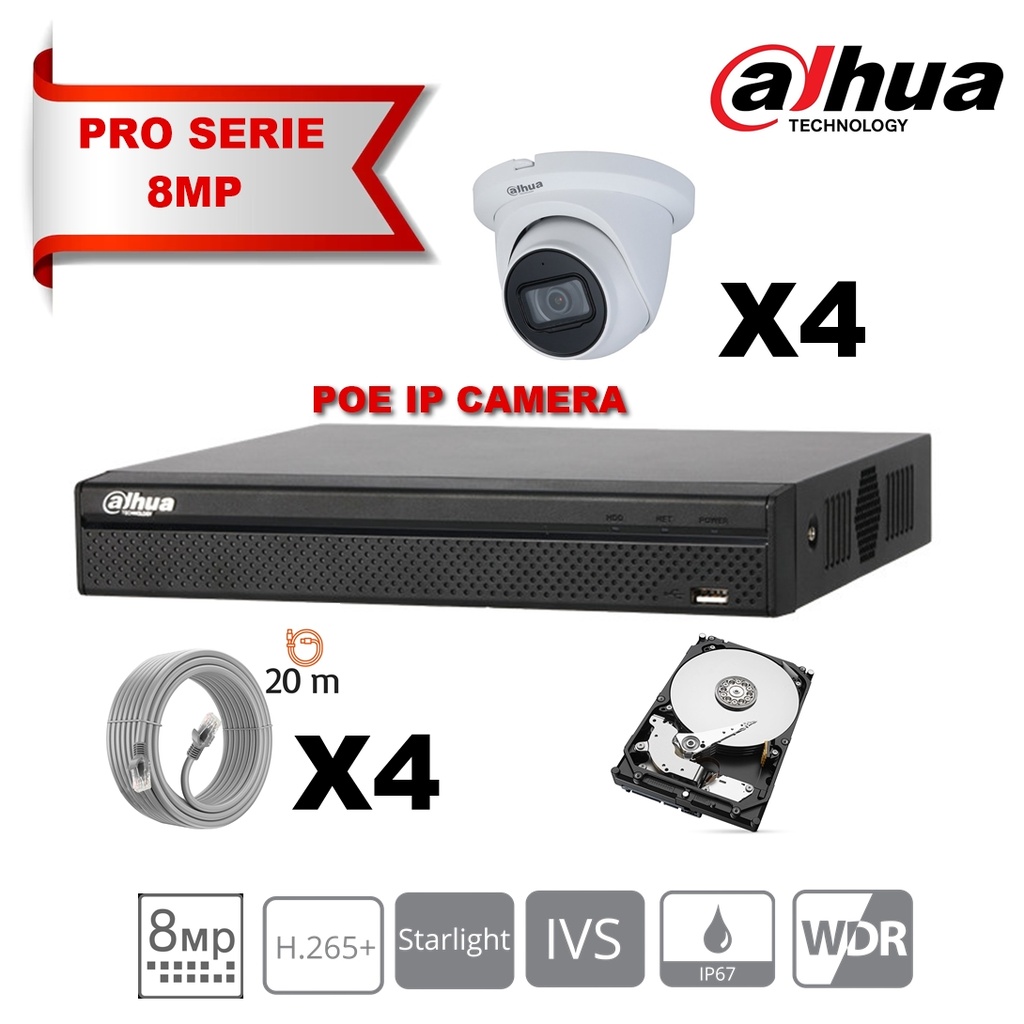 DAHUA Lite Kit Serie IP 8MP  4x Camera Turret Vast 2.8mm-IR 30M + 8 Kanalen POE NVR + 2TB harde schijf speciale bewaking